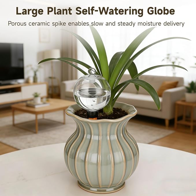 8 PCS Large Plant Self-Watering Globes, 16.9 oz Slow Release Watering Bulb with Ceramic Spike Stake, Top Fill Plastic Water Orbs, Automatic Irrigation Insert for Home Garden Office