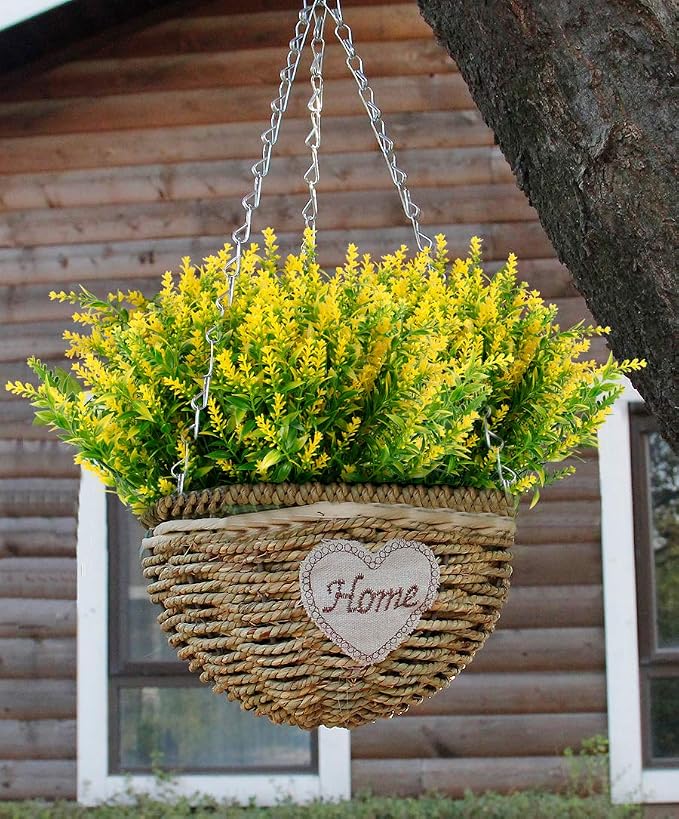 RECUTMS 8 Bundles Artificial Lavender Flowers for Outdoor Decoration, UV Resistant Fake Shrubs Greenery Bushes House Office Garden Patio Indoor Outdoor Decor (Yellow)