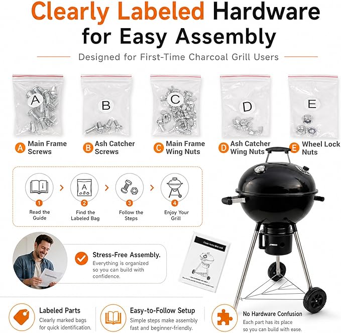 18-Inch Kettle Charcoal Grill with Cover & Wheels | Beginner-Friendly, For Backyard, Patio & Family Cookouts, Easy-to-Use, Ash Catcher