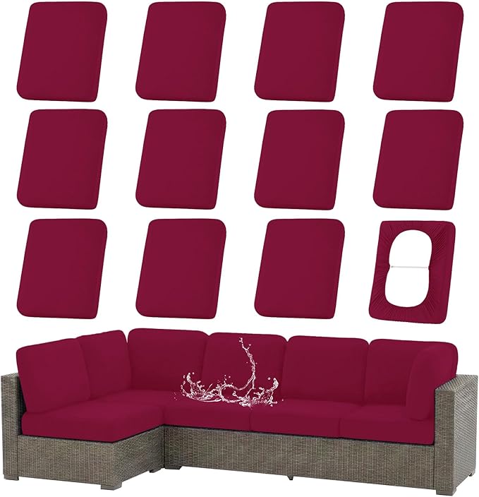 hyha Waterproof Outdoor Cushion Covers for Patio Furniture, Stretch Patio Chair Cushion Slipcovers, Coated UV Resistant Replacement Seat Covers, Solid Color (Wine Red, 12PC)