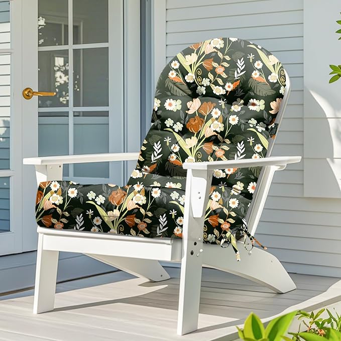 Adirondack Chair Cushion Waterproof Indoor Outdoor Rocking Chair Cushion 44 Inches Patio High Back Chair Cushions Thickened Adirondack Rocking Chair Cushions with Ties, Black Peony