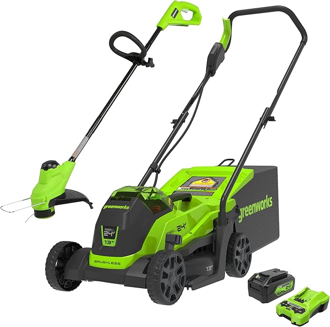 Greenworks 24V 13" Brushless Lawn Mower, String Trimmer, 4.0Ah USB Battery and Charger Included