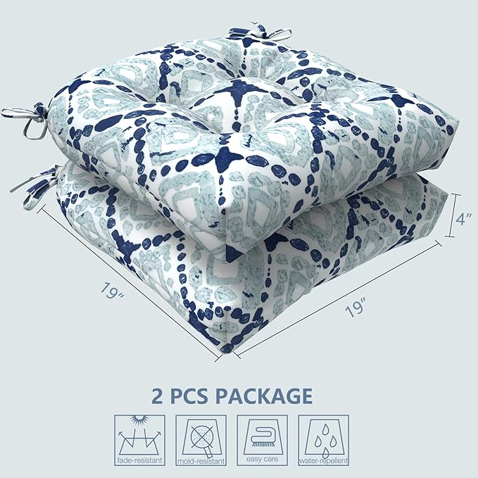 LVTXIII Outdoor Seat Cushions Seasonal Tufted Chair Cushions, Patio Chair Pads for Dining Chairs, Office Armchairs and Garden Furniture Decoration, Round Back, 19x19x4, Boho Geometry Blue
