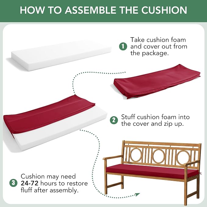 Summsun Outdoor Bench Cushion: Waterproof and Fade Resistant Patio Furniture Cushions - Non-Slip Bench Pad Cushion with Removable Cover for Garden Swing Porch Sofa Settee, 42 x 18 Inch, Red