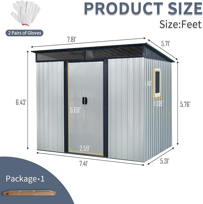 KEIKI 8x6 FT Outdoor Metal Storage Shed with Sloped Roof,Window,Transparent Plate and Lockable Sliding Door for Garden Yard Lawn