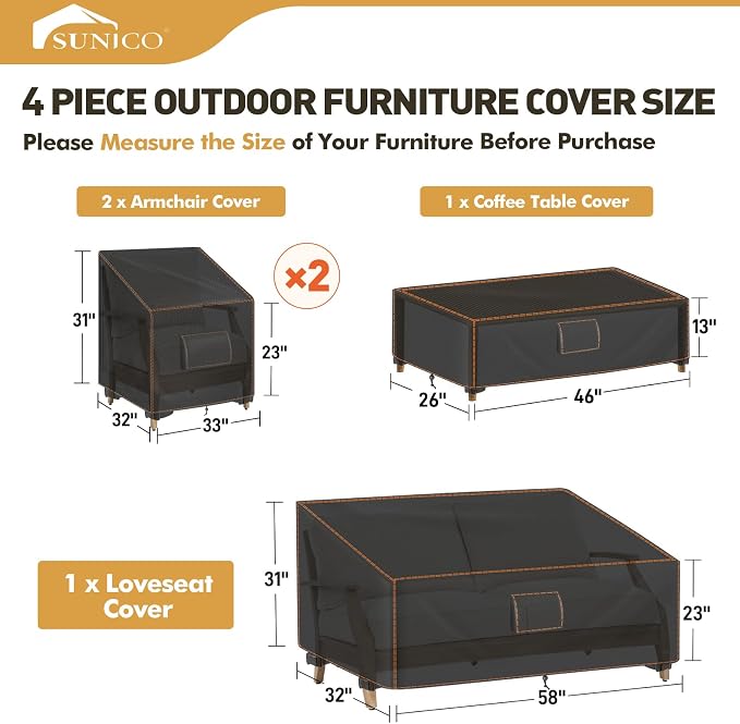 SUNICO Patio Furniture Set Covers, 4 Piece Patio Covers for Outdoor Furniture Waterproof, 420D Outdoor Furniture Cover, UV Fade Protection, Tear-Resistant, Black