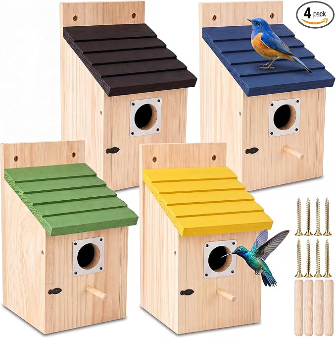 Marsui 4 Pcs Wood Bird Houses for Outside Blue Bird Houses Set with Pole Swallow Birds House with Metal Guards, Safety Locks, Flight Slots, & Ventilation for Bluebirds, Wrens, Finches
