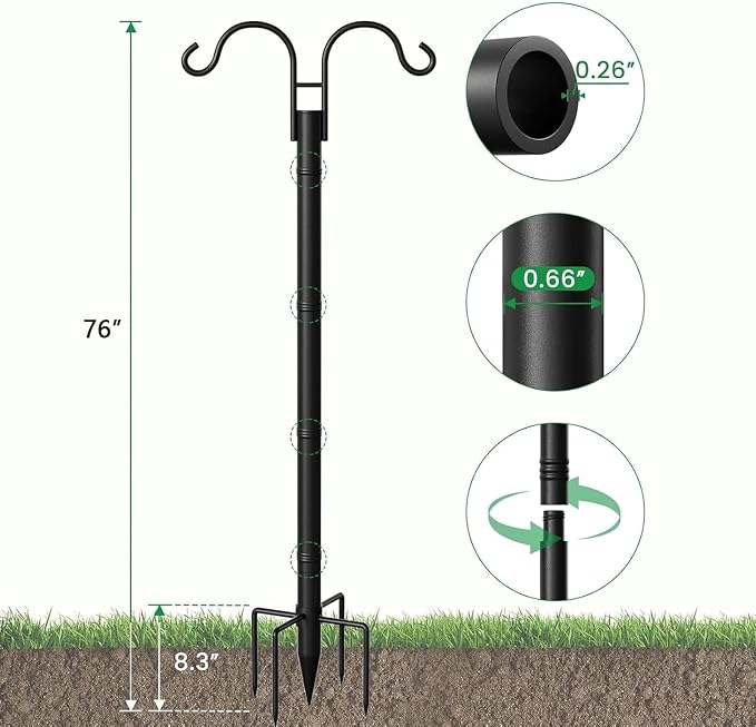 BEAU JARDIN Double Shepherds Hooks for Outdoor 76”2 Pack Adjustable Shepard for Garden Hummingbird Bird Feeder Pole 5 Prong Base Heavy Duty Metal Plants Hanger Lanterns Wind Chime Wedding for Outside
