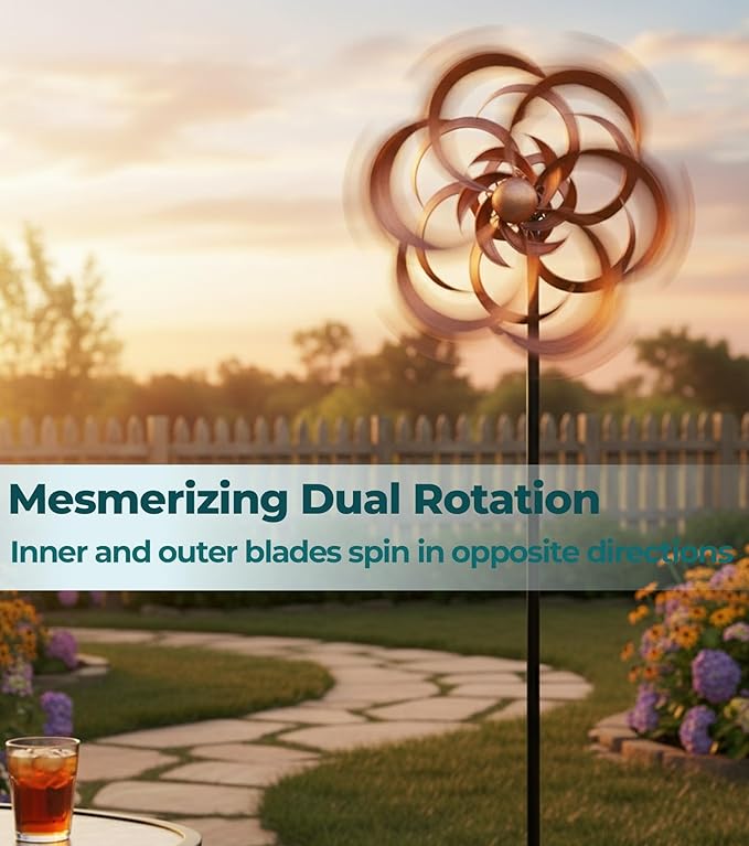 63" Metal Wind Spinner Outdoor, Double-Sided Kinetic Yard Spinner, Smooth Spinning Garden Decor, Stable 5-Prong Stake, Copper Yard Art for Lawn & Patio