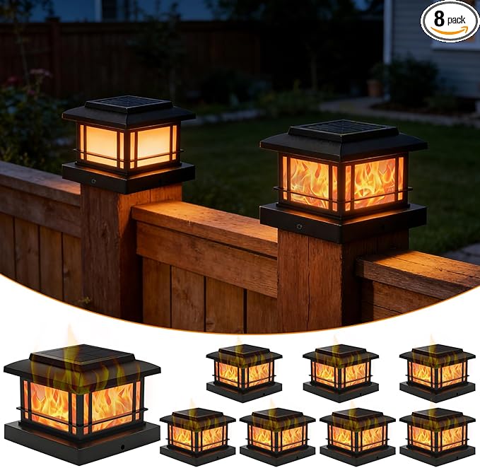 8 Pack Solar Post Cap Lights Outdoor with Flickering Flame, Fence Post Solar Lights Fit for 4x4 3.5x3.5 Wooden Vinyl Posts, Waterproof Solar Lamp for Garden, Deck, Patio, Yard Decor (Black)