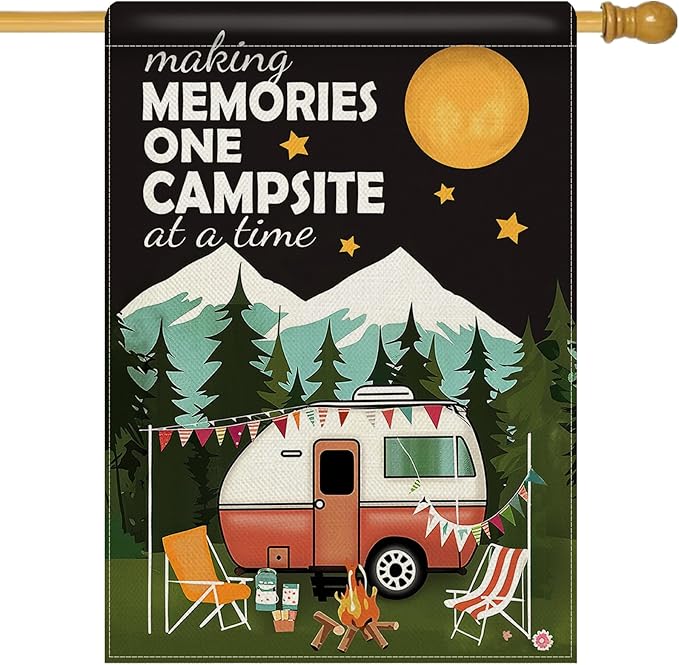 Dyrenson Camper RV 28 x 40 House Flag Double Sided, Making Memories One Campsite at a Time Camping Garden Yard Decoration, Campfire Firepit Burlap Outdoor Decor Decorative Large Flag