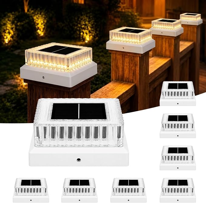 Solar Post Cap Lights Outdoor, 8 Pack Waterproof Fence Post Solar Lights 3000K with Fade-Proof Clear Lampshade Deck Post Lights Fit for 3x3 4x4 5x5 Vinyl/Wood Posts Garden Patio Porch