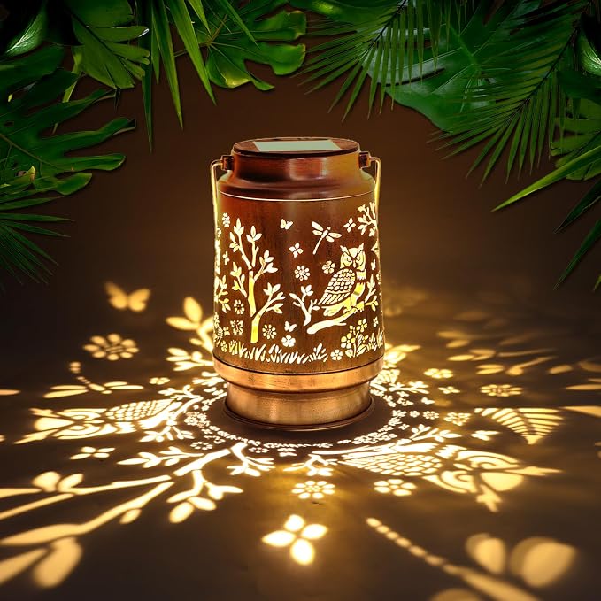 Solar Lanterns Outdoor Waterproof - Owl Garden Decor Gifts for Women Mom Grandma, Metal Hanging Solar Lights for Patio Yard Porch, Auto On/Off Landscape Lighting
