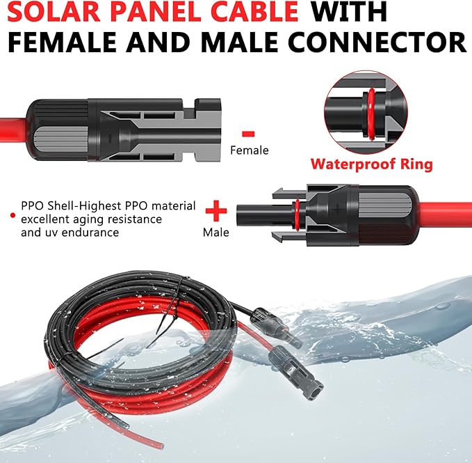 Vansdon 2x20 Feet Solar Panel Extension Cable, 10AWG Solar Cable, Solar Panel Cable with Female and Male Waterproof Connectors for RV, Photovoltaic Systems (20FT Red + 20FT Black)