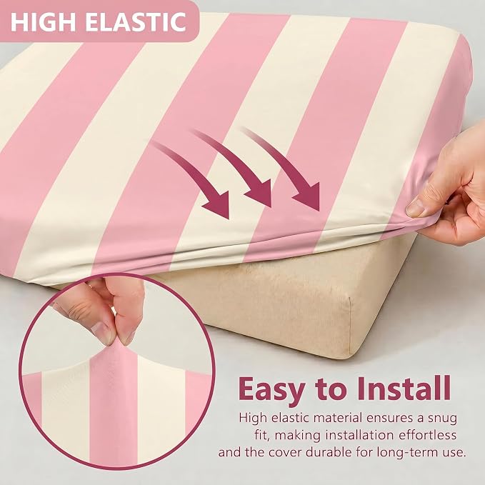 CALBODE 12 Pcs Stretch Outdoor Seat Cushion Covers, Washable Striped Chair Seat Cover for Patio Furniture Cushions Soft Indoor and Outdoor Couch Cover Replacement (Pink&Beige, Cover Only)