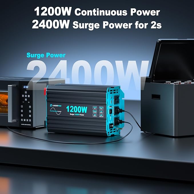 1200 Watt Pure Sine Wave Inverter, Power Inverter for Car, Camping, Solar, RV, Truck, Home, 12V DC to 120V AC Inverters with 3 AC Outlet, 30W USB-C, 5V 3.1A USB, Remote Control, Surge 2400W