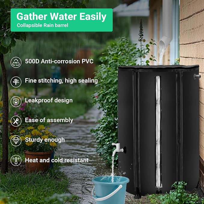 FAMIROSA 100 Gallon / 378L Collapsible Rain Barrel, Foldable PVC Rain Barrels to Collect Rainwater from Gutter, Portable Water Storage Tank Container with Spigot, Water Catcher Collector Black