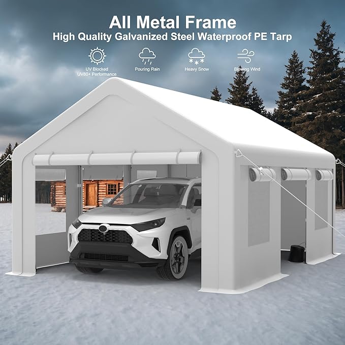 12x20 ft Heavy Duty Carport, Portable Garage Canopy with Reinforced Steel Frame, Roll-Up Mesh Windows & Doors, All-Season Car Shelter for Truck, Boat, RV, Outdoor Storage