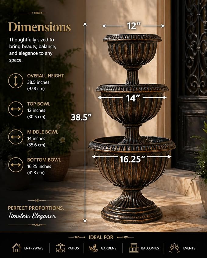 Gardenised Outdoor Garden Triple Stacked Flower Bowl Urn Tier Planter Decoration, Bronze
