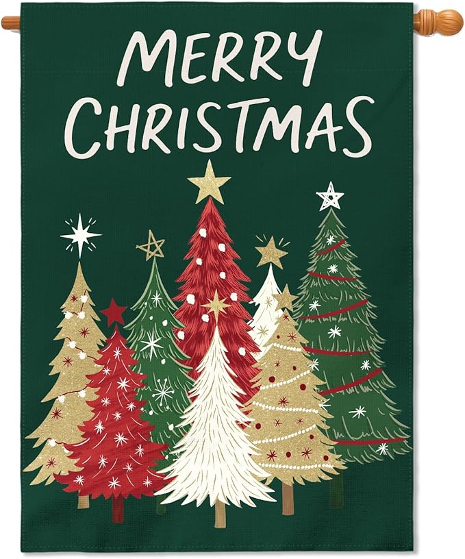 Merry Christmas House Flag 28x40 Inch Forest Green Xmas Tree Holiday Winter Decorative Garden Flags for Outside Double Sided Seasonal Outdoor Home Farmhouse Decoration Porch Yard New Year Decor