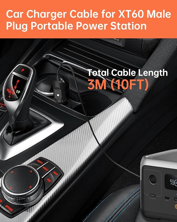 3M(10FT) 12V/24V Car Charging Cable to XT60 Connector, 14 AWG Cigarette Lighter Charger, Compatible with Anker SOLIX C300/C1000/F2000, EcoFlow Delta 2, BLUETTI AC2A Power Station, Black