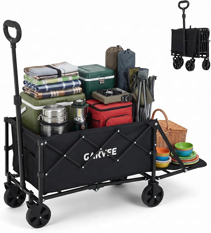 Collapsible Wagon Cart Max 220lb Load & Expandable Storage 120L, Double Bearing Design for Flexible Steering, Foldable Heavy Duty Garden Cart with 2 Cup Holders for Groceries, Garden & Camping
