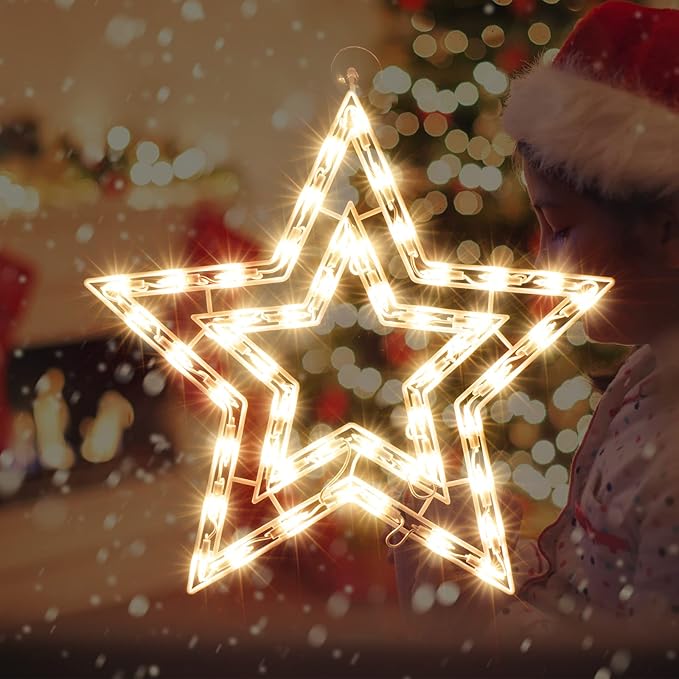 Christmas Window Silhouette Lights, Lighted Star Double Sided Decorations with 50 Count Incandescent Mini Light, for Holiday Indoor Wall Door Glass Decor