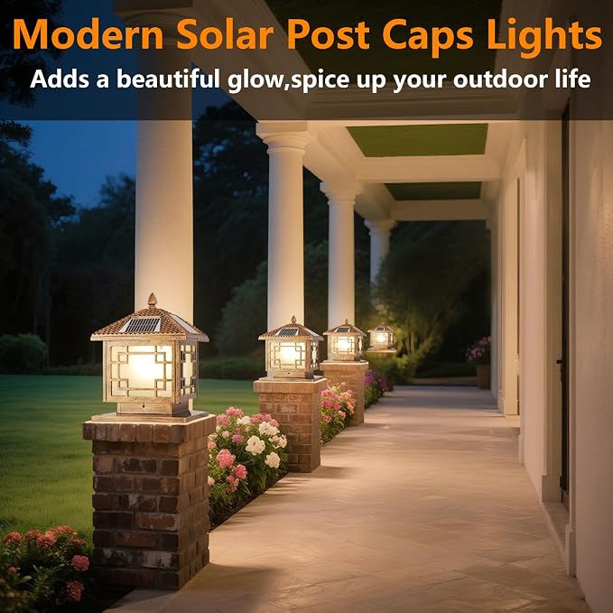 SLAWA Outside Housing Post Lighting Fixtures 9.8In Solar Post Caps Lights Bronze Aluminium Waterproof Column Light Outdoor Solar Powered Landscape Lighting Porch Pillar Lamp Fence Deck Mailbox Lantern