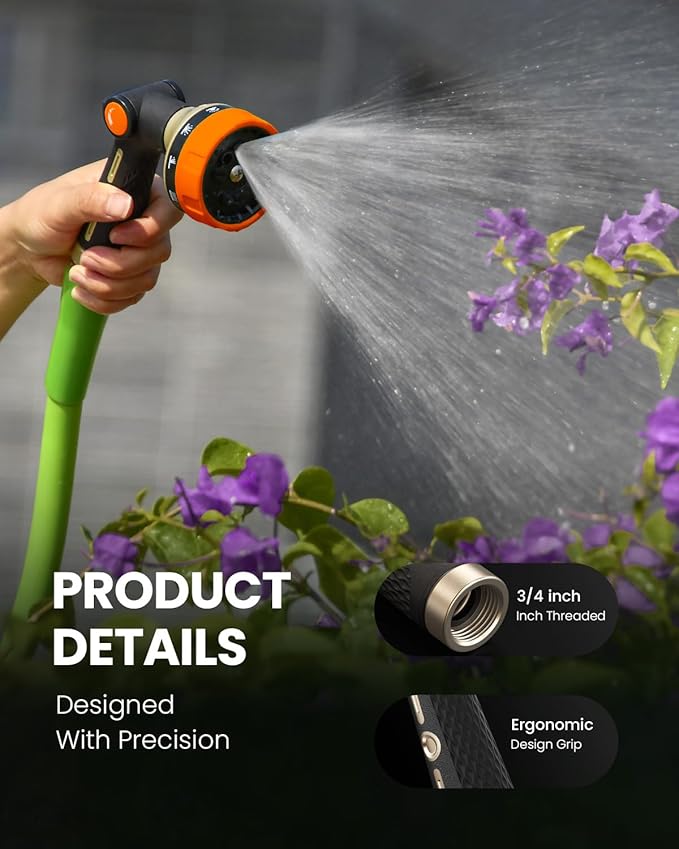 RAINPOINT Garden Hose Nozzle Heavy Duty - 100% Metal Thumb Control Spray Nozzles for Garden Hose High Pressure, 10 Patterns Water Hose Nozzle for Car Wash, Watering Lawn and Pets, Orange2, 2 Pack