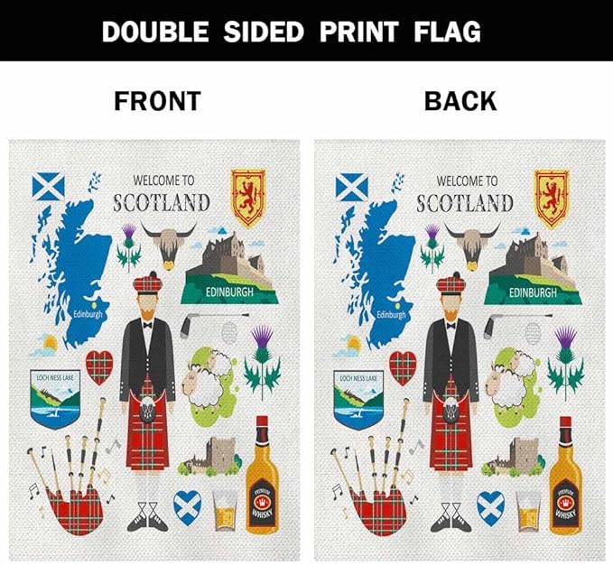 AOYEGO Welcome to Scotland House Flag 28 x 40 Inch Large Vertical Double Sided Travel Collection Scotsman Kilt Icon Map Thistle Seasonal Outside Décor for Garden Yard Farmhouse Flags