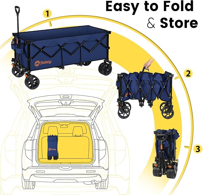 Sekey Extended Collapsible Foldable Wagon with 660lbs Weight Capacity, Heavy Duty Folding Utility Garden Cart with Big All-Terrain Beach Wheels & Drink Holders. Navy Blue
