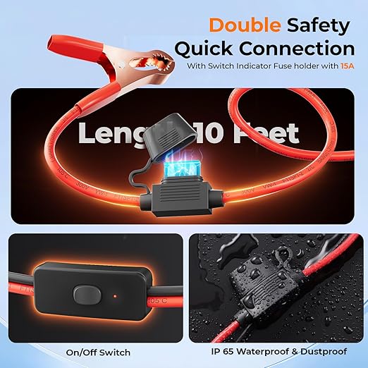 14AWG 10FT SAE to Battery Alligator Clips Cable,12V SAE 2Pin Quick Disconnect Crocodile Cable with 15A Fuse for Solar Power, Battery, Motorcycle, Car, RV, TruckWater Resistant Charging Extension