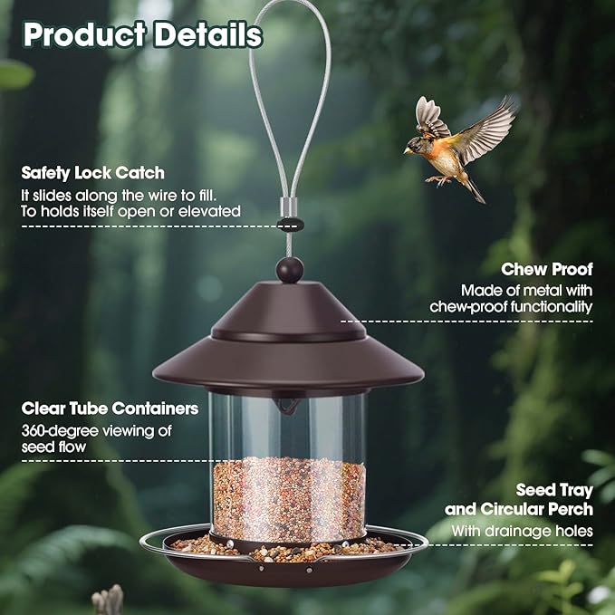 Bird Feeders for Outdoors, Hanging Metal Roof Bird Feeder with Clear Tube Seed Capacity for Viewing Cardinal Finch, Wild Birdfeeders for Outside Garden Yard Decoration