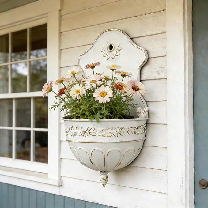 Vintage Distressed White Metal Wall Planter, Rustic Hanging Pocket Planter with Scrollwork & Scalloped Design, Farmhouse Wall Decor for Indoor & Covered Outdoor Garden, Porch & Entryway (White Gold)