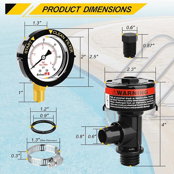Manual Pool Filter Air Relief Valve,98209800 Air Relief Manual Valve Assembly with Water-Proof Stainless Steel Pressure Gauge,High Flow,Replacement for Pool and Spa Filter