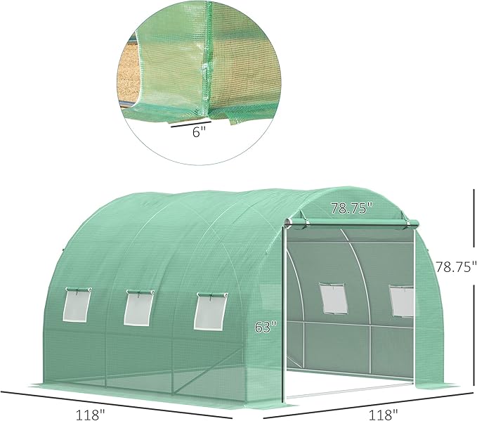 Outsunny 10' x 10' x 6.5' Walk-in Tunnel Hoop Greenhouse, Green House for Outside with PE Cover, Steel Frame, Roll-Up Zipper Door & Windows for Flowers, Vegetables, Tropical Plants, Green