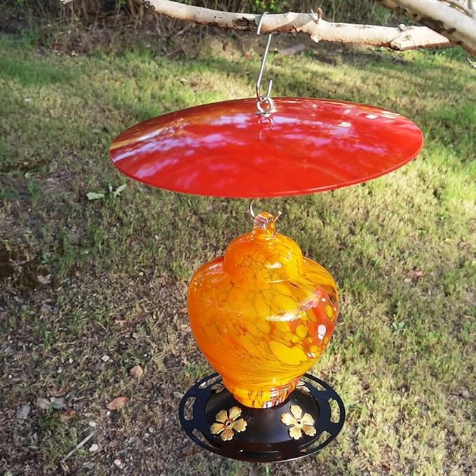 10" Glass Rain Cover for Wild Bird Feeder Outdoors - Weather Guard S Hook Hanging - Protective Dome Baffle - Red (Dia. 25CM)