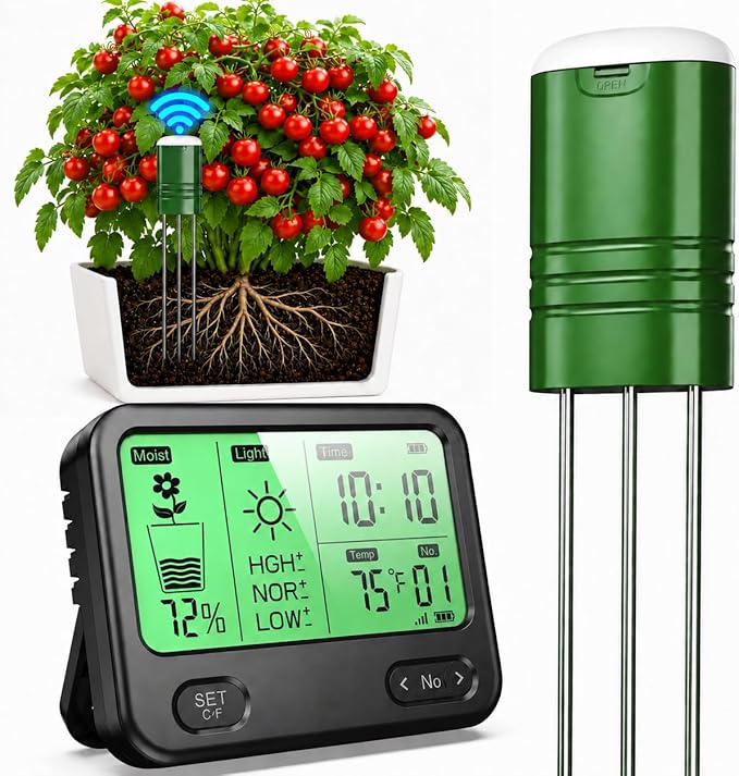 Soil Moisture Meter for Plants,4-in-1 Wireless Soil Tester,Soil Thermometer/Moisture/Sunlight Time,Large Screen,Indoor/Outdoor Plant Water Meter,Garden Soil Test Kit for Lawn,Farm,Houseplants