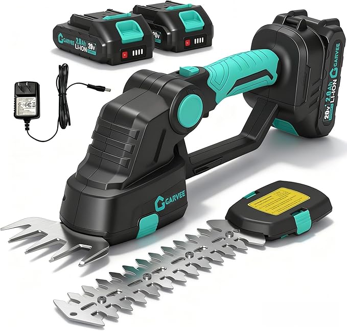 Garvee 20V Cordless Hedge Trimmer, 2 in 1 Electric Bush Trimmer, Handheld Grass Shear with 2×2.0Ah Rechargeable Batteries & Charge Base, Adjustable Head for Garden, Lawn, Bush Trimming