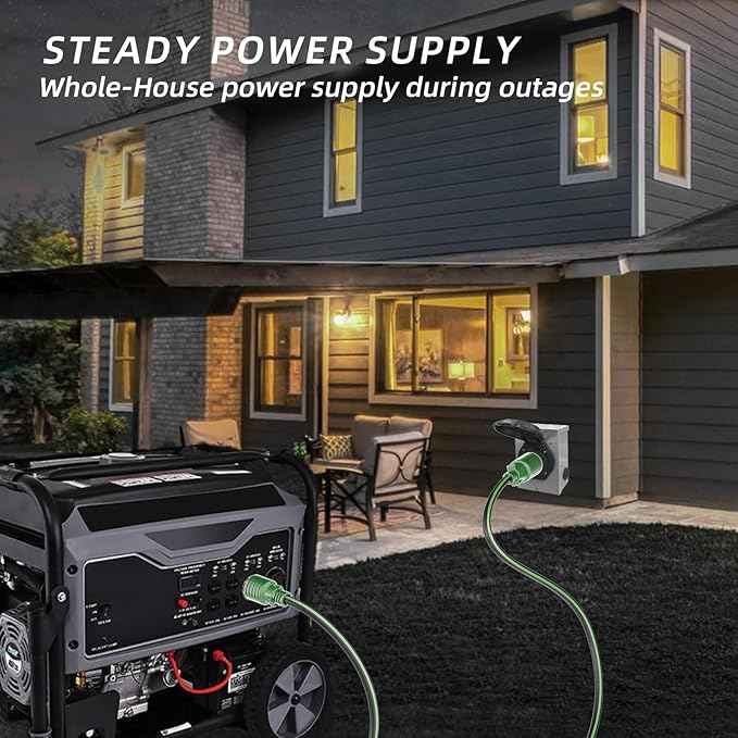 4 Prong 30 Amp Extension Generator Cord 100FT, NEMA L14-30P/L14-30R, 125/250 Volt Up to 7500 Watts, 10 Gauge SJTW Twist Lock Power Cord for Manual Transfer Switch, Black&Green, ETL Listed