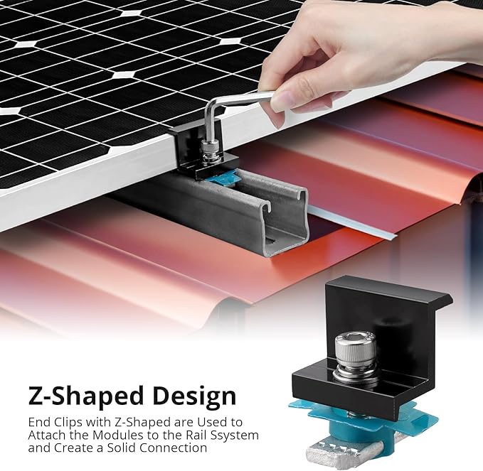 Anbte 10 PCS Solar Panel Mounting Brackets for Unistrut, Aluminium 30mm 6 x T-Shaped Mid Clamps + 4 x End Clamps, Solar Panel Mounting Kit for Metal, Tin, Flat, Sheet Roofs, RV, Black