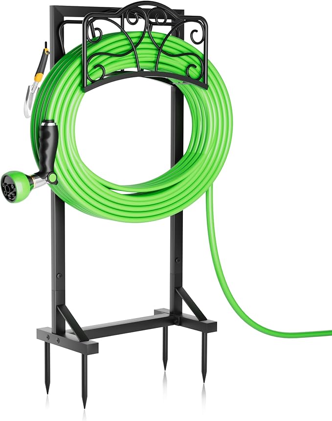 Heavy-Duty Garden Hose Holder with Tool Hooks and Stable Base, XEAPOMS Metal Hose Hanger Garden Hose Storage Holds 160Ft, Rustproof Freestanding Water Hose Holder for Outside, Yard, Lawn, Farm
