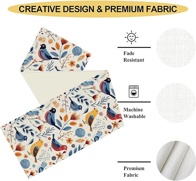Floral Birds Table Runner, Rustic Seasonal Watercolor Spring Flower Plants Wildfloral Boho Blue Coffee Table Center Decor for Family Kitchen and Dining Farmhouse Party Table Decorations, 13"x36"