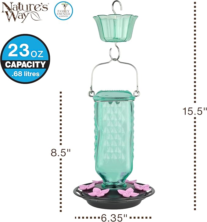 Nature’s Way Dewdrop Column Antique Teal Glass Gravity Hummingbird Feeder with Ant Moat, 23 Ounce Capacity, 6 Flexible Pink Lilac Flower Ports, Continuous Perch Ring, Easy-Clean Pewter Plastic Base