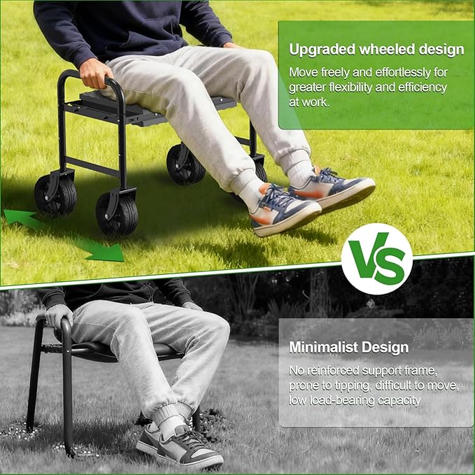 NIUXX Garden Kneeler and Seat with 360° Wheels: 3-in-1 Rolling Garden Stool with Extendable Legs - Foldable Garden Seat with Thick Pad & Tool Pouches - Heavy Duty Gardening Bench for Seniors
