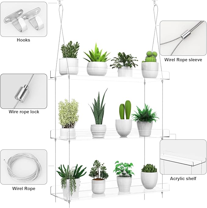 2-Pack Hanging Clear Plant Shelves for Windows, Acrylic Window Wall Plant Stand Shelf for Kitchen Indoor Gardens, Flower, Herb, Seedling Organization, and Pots Display, 16 Inch per Tier