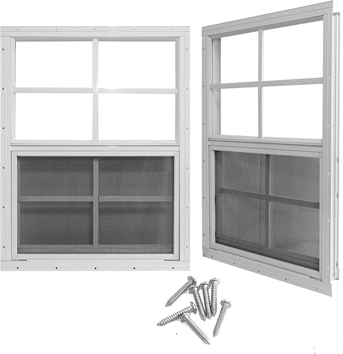 Yuzzy 18" x 23" Shed Windows with Tempered Glass and Fiberglass Screen, 2 Pack Small Sliding Windows for Shed, Chicken Coop, Playhouse, Household, Garage, Barns (White)