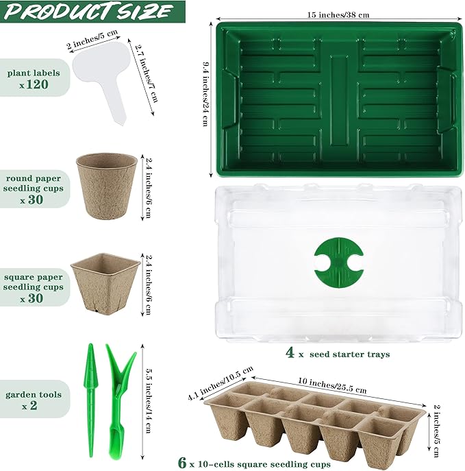 Hahood 4 Pack Seed Starter Tray Set Plants Growing Trays Peat Pots for Seedlings with Seed Starter Pots, Plastic Germination Tray, Plant Labels, Tool for Flower Vegetable Planting, Green