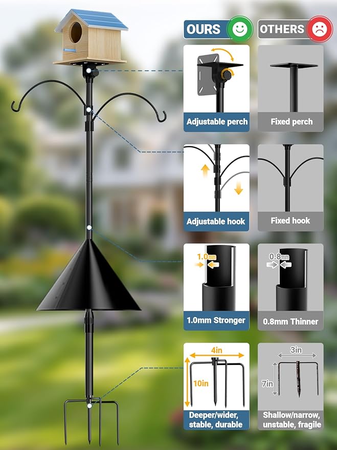 92 inch Bird Feeder Pole Squirrel Proof, Heavy Duty Bird Feeder Stand, Adjustable Tall Bird House Pole with Dual Shepherds Hooks for Backyard&Outdoor Garden Bird Houses, Cameras, Weather Station