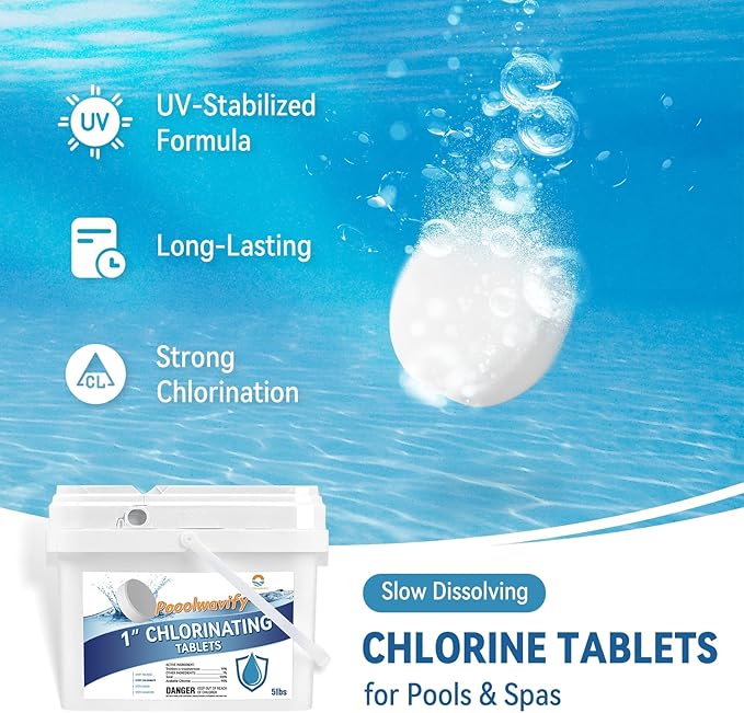 1 Inch Chlorine Tablets for Pools & Spas, 5 LB – Slow Dissolving Stabilized Trichlor Tabs with 90% Available Chlorine for Hot Tubs, Above-Ground & In-Ground Pools